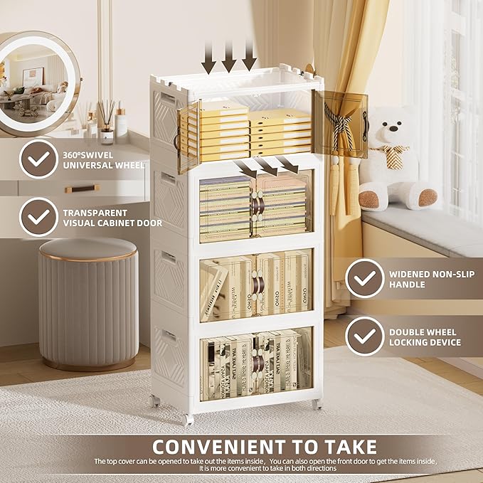 200 QT / 50 Gal Rolling Foldable Storage Cabinet with Stackable Feature - Double Magnetic Doors, Leather Handles, Durable Plastic for Closet/Office, Easy Assembly & Move