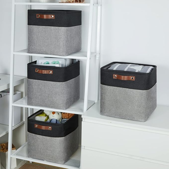 Temary Storage Baskets 12x12 Fabric Cube Storage Bins, 4 Pack Large Baskets with Handles, Baskets for Organizing Towels, Blankets, Collapsible Storage Basket (Black&Gray)