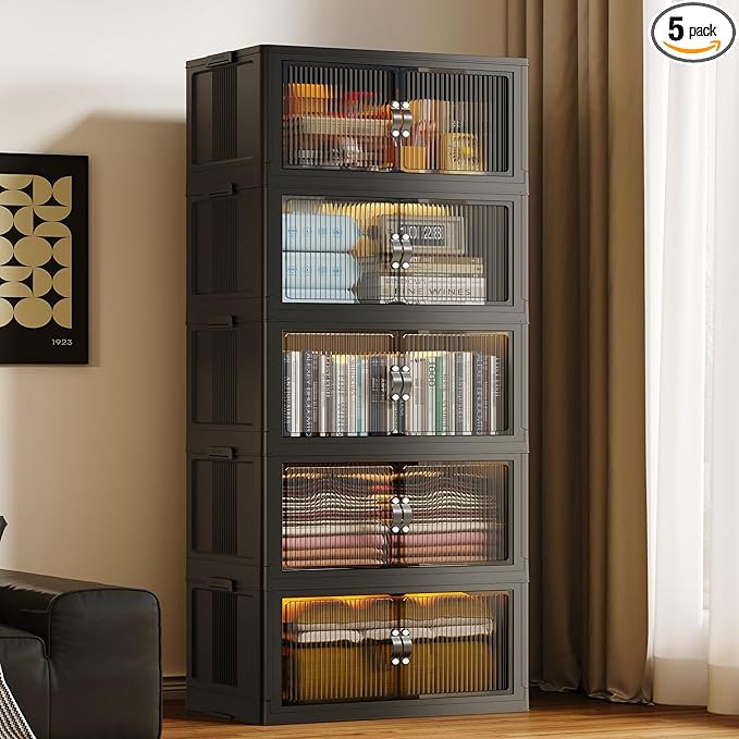 SAILUN 145Gal/580Qt Stackable Storage Bins Folding Collapsible Storage Bins with Lid, Closet Organizers and Storage, Storage Box with Door Black 26" W x 17" D x 71" H