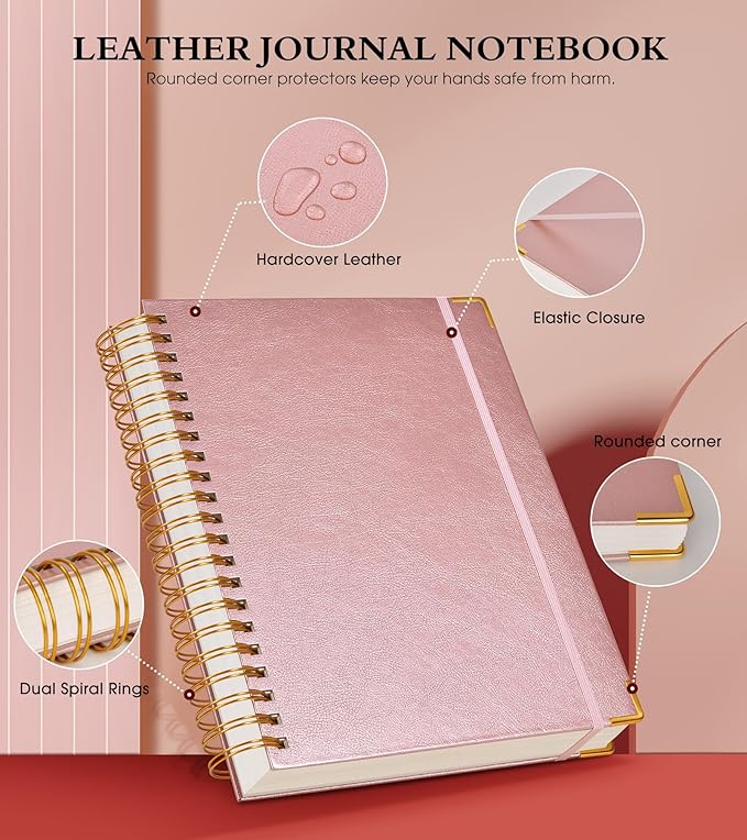 Spiral Notebook Journal 5.75” x 8.38”, 300 Pages Hardcover Leather Lined Journals for Women Men, A5 Small College Ruled Notebooks with 100 GSM Thick Paper, Spiral Journal for Writing Work School, Pink