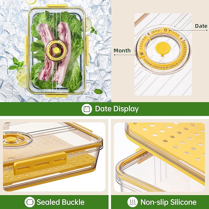 CottonColors Fridge Organizer, Food Storage Containers With Lids for Timer & Drain Board Stackable Refrigerator Organizers and Storage（Short, Small, 1.5 L）