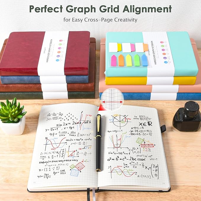 Graph Paper Notebook, 312 Numbered Pages Large A5 Hardcover Leather Journal, 100gsm No Bleed Grid Paper Notebook with Index Pages, Grid Notebook for Graphing Notes Math, 5.75" x 8.38", Green