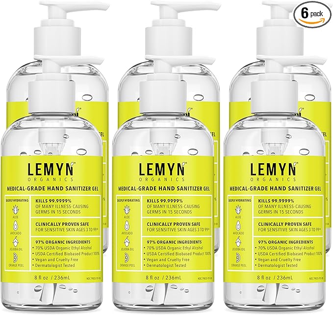 Medical Grade Hand Sanitizer Gel - 97% ORGANIC - 8 FL.OZ. with PUMP (PACK OF 6)