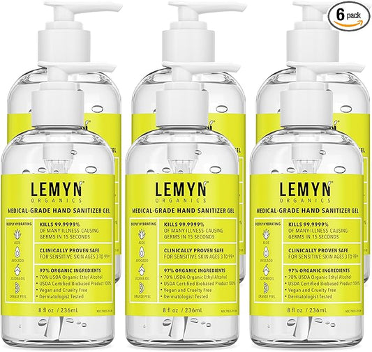 Medical Grade Hand Sanitizer Gel - 97% ORGANIC - 8 FL.OZ. with PUMP (PACK OF 6)