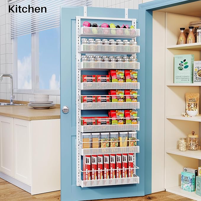 SNTD Over the Door Pantry Organizer - 8 Tier Adjustable Pantry Door Spice Organizer, Large Capacity Hanging Door Spice Rack for Kitchen Pantry Organizers and Storage (White, 17" W x 6" D x 69" H)
