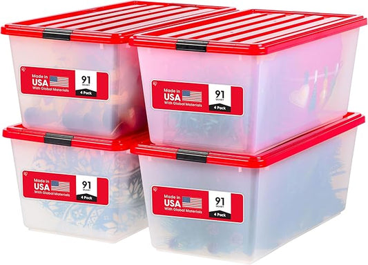 IRIS USA 91 Qt. Stackable Plastic Storage Bins with Lids, 4 Pack - BPA-Free, See-Through Organizing Solution, Latches, Durable Nestable Containers, Secure Pull Handle, Made in USA - Red