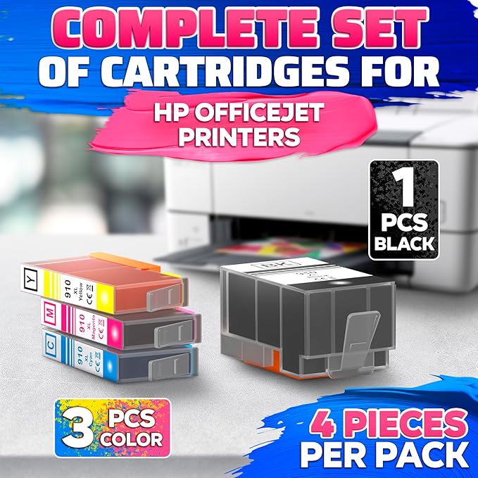 910XL Printer Ink Cartridges 4 Pcs – Includes 910XL Black & Color Ink – Compatible with HP 8020, 8025, 8028, 8030, 8035, 8010, 8015, 8018, 8022 – Quality Prints – Easy Installation