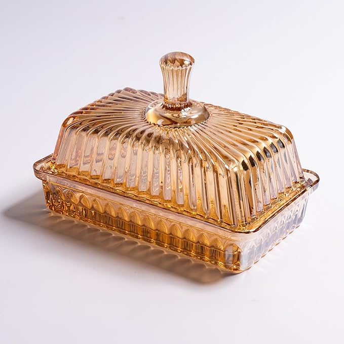 Glass Butter Dish with Lid for Countertop, Champagne Color Striped Crystal Covered Butter Holder Tray Container