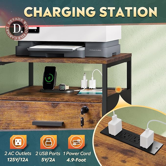 DEVAISE 2 Drawer File Cabinet with Lock and Charging Station, Wood Filing Cabinet fits A4 or Letter Size, Mobile Printer Stand with Open Storage Shelf for Home Office, Rustic Brown