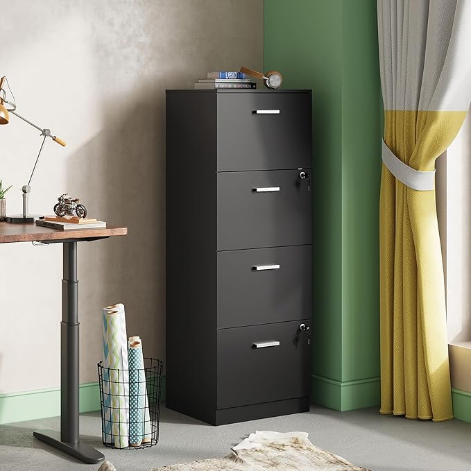 DEVAISE 4 Drawer File Cabinet with Lock, Vertical Filing Cabinet for A4/Letter Size Files, Wood Storage Organizer for Home Office, Black