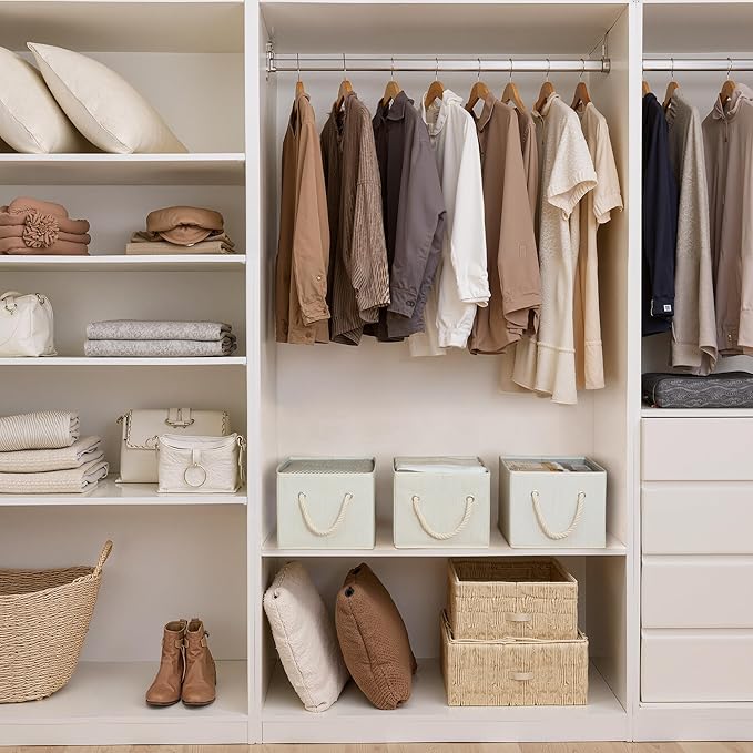 StorageWorks Storage Baskets for Shelves, Foldable Fabric Closet Storage Bins with Handles, Fabric Storage Bins Clothes Organizer, Beige, White & Ivory, 3-Pack, Large