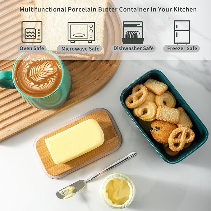 Hasense Ceramic Butter Dish with Lid, Large Butter Container for Countertop Airtight Butter Stick Covered Keeper, Embossed Pattern,Easy Clean Dishwasher Safe, Green