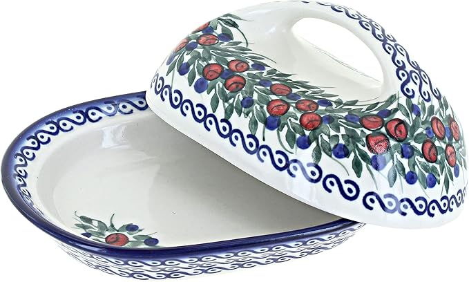 Blue Rose Polish Pottery - Red Berry Butter Dish - Fits 1 Stick - Ceramic Covered Butter Holder with Lid, Seasonal Collectible Kitchen & Tableware