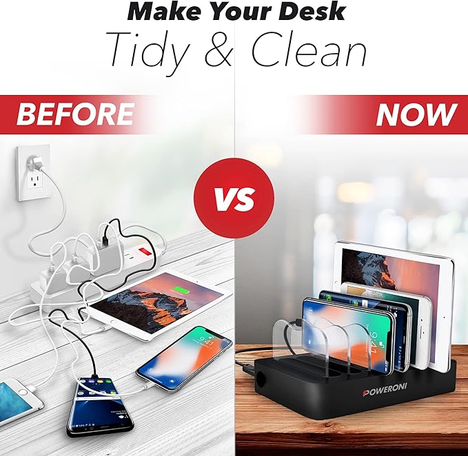 USB Charging Station - 6 Port Universal Charging Station for Multiple Devices - Multi Device Charger Dock - Compatible with Apple, iPad, iPhone, Android Cell Phones, and Tablets - Black