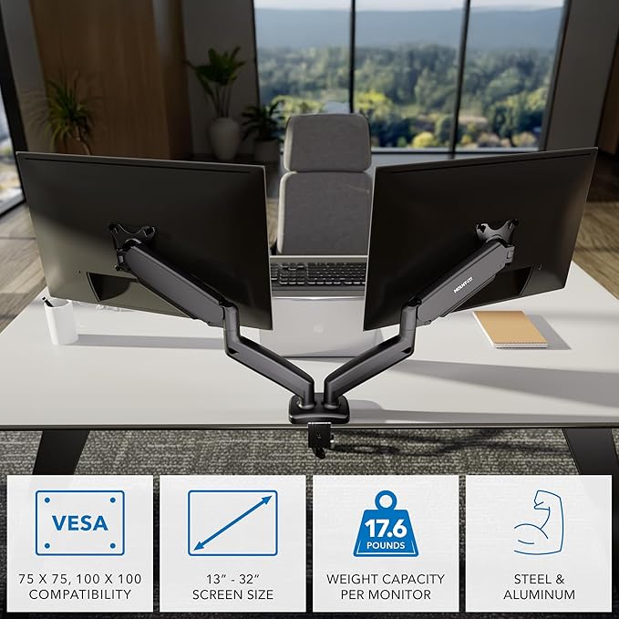 Mount-It! Dual Monitor Desk Mount – Full Motion Gas Spring Arms, Fits 13 to 32 Inch Screens, Holds 17.6 lbs per Arm, Dual Monitor Stand, VESA Mount, C-Clamp & Grommet Base