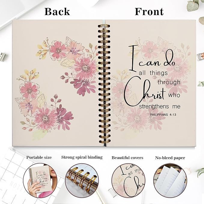 Bible Notebook, A5 Spiral Christian Journal with Pink Floral Notebook, Bible Verse-I Can Do All Things Through Christ Who Strengthens Me, Inspirational Notebooks for Women, Gift for Birthday Christmas