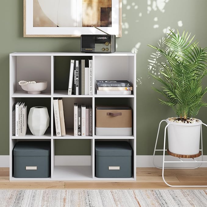 Signature Design by Ashley Onita Modern 3-Tier Floor Standing 9 Cube Organizer for Living Room, Wood, Works with 10.5" W x 10.5" D x 11" H Storage Bin (Sold Separately), White