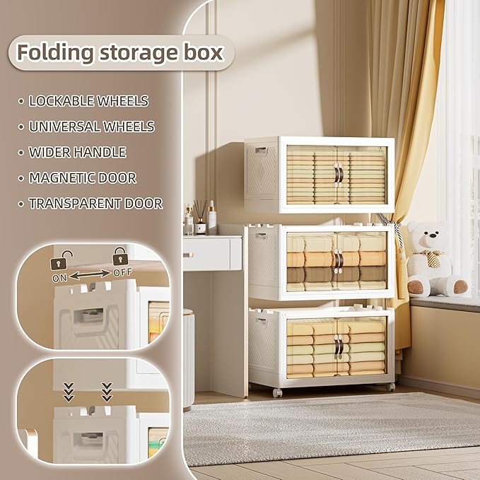 252 QT / 63 Gal Heavy Duty Double Door Storage Cabinet - Magnetic Closure, Foldable Stackable Design with Wheels & Leather Handles, Plastic Organizer for Garage/Bedroom