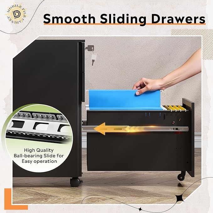 DEVAISE 3-Drawer Metal File Cabinet with Lock, Mobile Filing Cabinet Under Desk for Home Office, Fully Assembled Printer Stand fits A4/F4/Letter/Legal Size, Black, 20" D x 15" W x 24" H