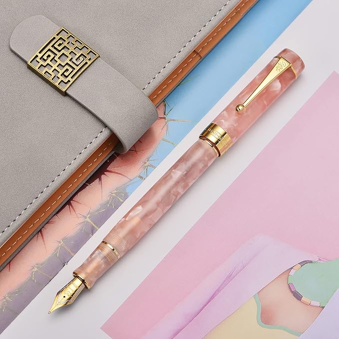 Jinhao 100 Fountain Pen Celluloid Classic Style, #6 Nib Smooth Writing Instrument with Refillable Converter and Pen Case Set