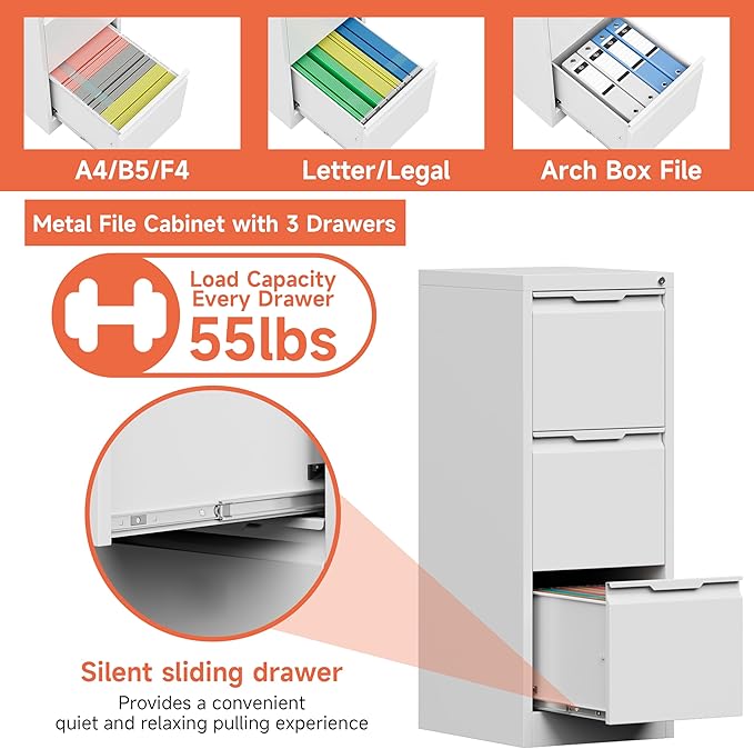 3 Drawer File Cabinet with Lock,Vertical Filing Cabinets for Home Office,Heavy Duty Metal File Cabinet for Hanging A4/Letter/Legal Size File,Vertical File Cabinet 15" W X 17.8" D X 38.3" H-White