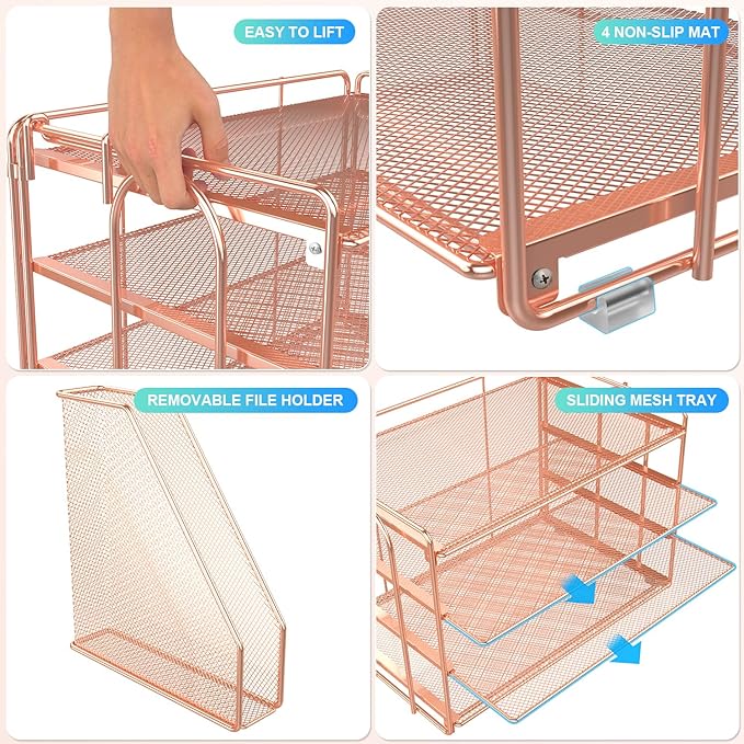 gianotter 4-Tier Paper Organizer With Magazine Holder, Desk Organizers and Accessories, Cute Desk Accessories for Women, File Organizer for Office Supplies Storag(Rose Gold)