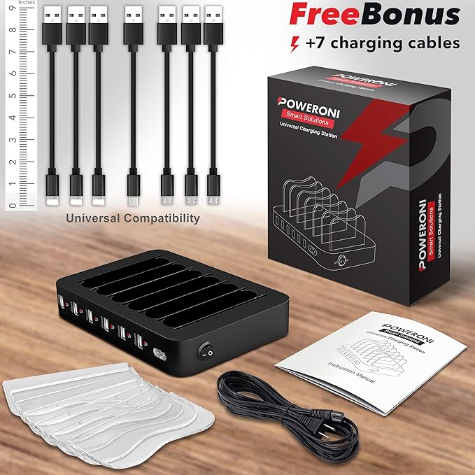 USB Charging Station - 6 Port Universal Charging Station for Multiple Devices - Multi Device Charger Dock - Compatible with Apple, iPad, iPhone, Android Cell Phones, and Tablets - Black