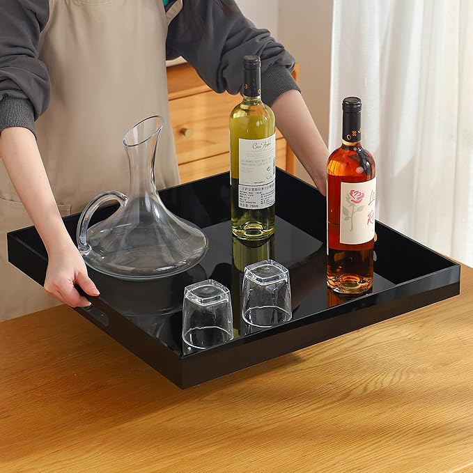 Black King Size Large Acrylic Serving Tray for bed-24x24 Inch -Spill Proof- Decorative Trays Countertop Organizer for Ottoman,Nightstand, Sidetable, Butler (24X24 Inch, Black)