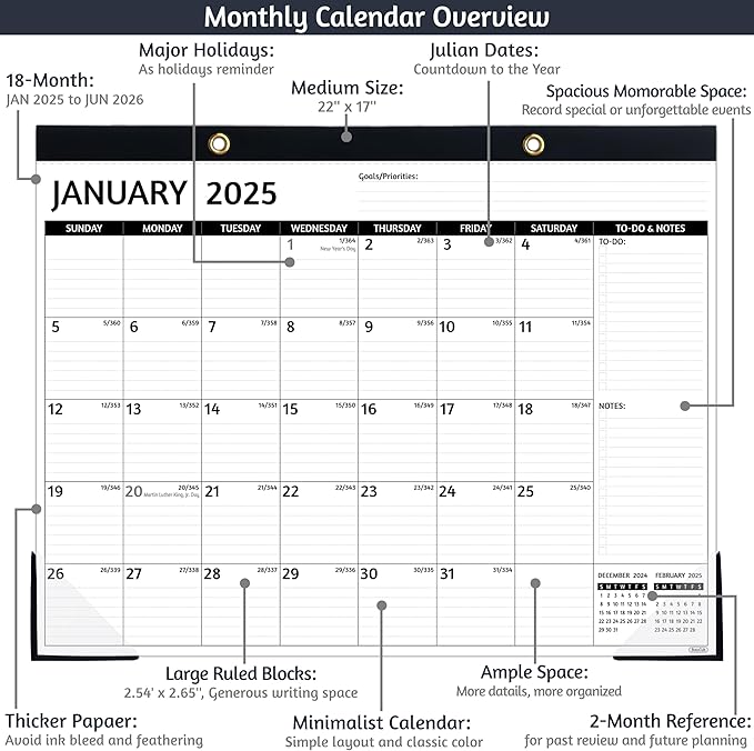 2025-2026 Desk Calendar – Jan 2025 – Jun 2026, 18 Monthly Calendar 2025-2026, Large Desk Calendar, 22'' x 17'', 2025 Desk/Wall Calendar with Desk Pad, To-do Lists, Ruled Blocks, Corner Protectors