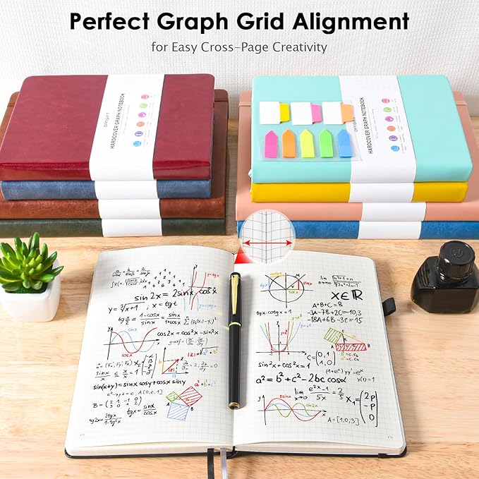 Graph Paper Notebook, 312 Numbered Pages Large A5 Hardcover Leather Journal, 100gsm No Bleed Grid Paper Notebook with Index Pages, Grid Notebook for Graphing Notes Math, 5.75" x 8.38", Black