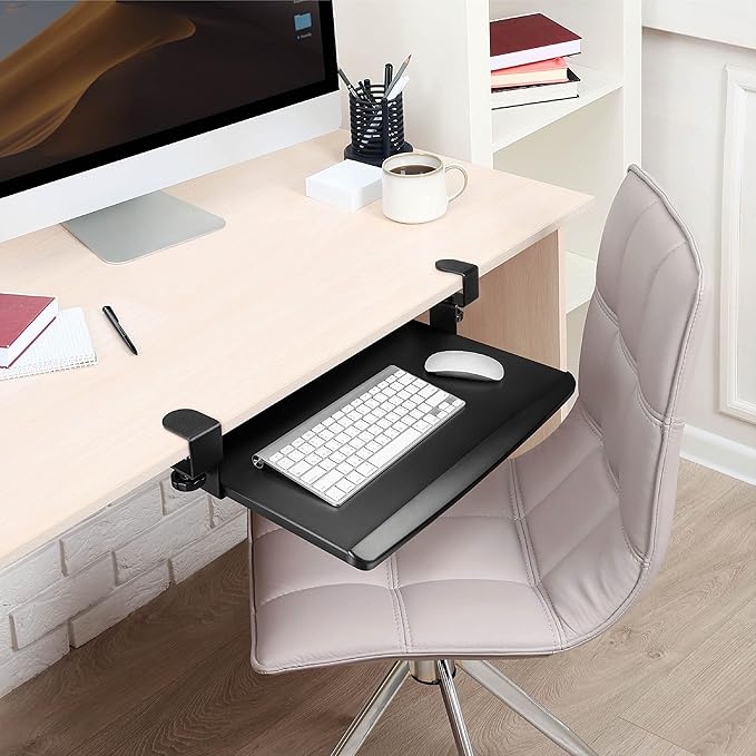 EHO Clamp-On Retractable Adjustable Keyboard Tray, Under Desk Ergonomic Keyboard Tray - Easy Tool-Free Install - Small Surface 20" (24.8" Including Clamps) x 11.5"