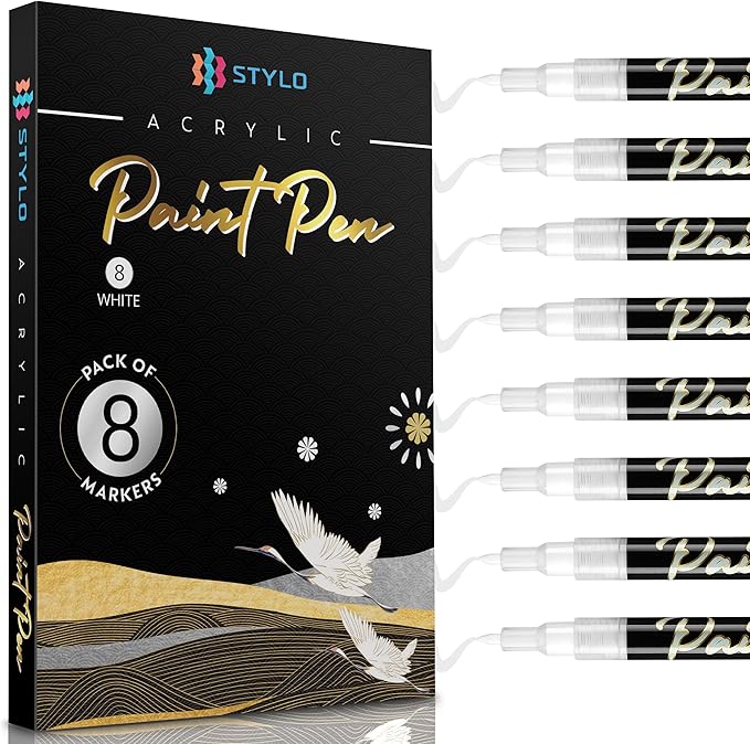 Stylo 8 Count Acrylic Metallic Pens - White Paint Pens - Fine Tip Permanent Acrylic Metallic Paint Markers for Rock Painting, Glass, Wood, Ideal for Arts and Crafts (Pack of 8, White)