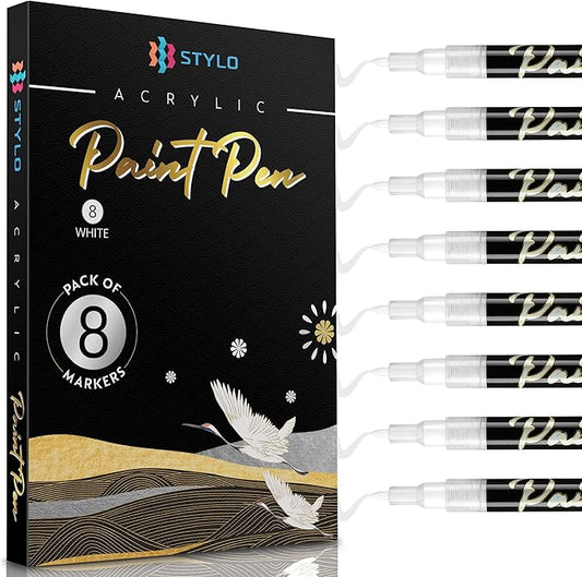 Stylo 8 Count Acrylic Metallic Pens - White Paint Pens - Fine Tip Permanent Acrylic Metallic Paint Markers for Rock Painting, Glass, Wood, Ideal for Arts and Crafts (Pack of 8, White)
