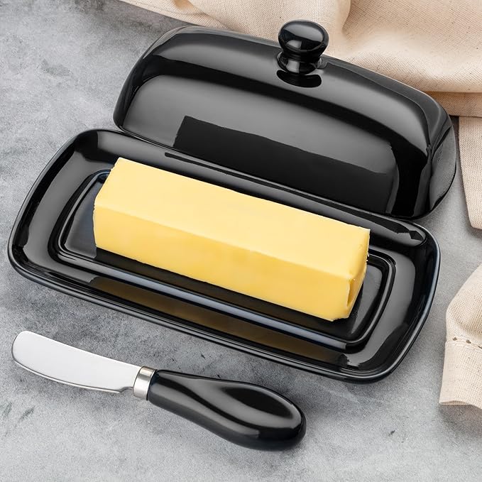 Zulay Kitchen Butter Dish With Lid For Countertop - Porcelain White, Ceramic Butter Dish with Knob Handle Great for Cooking - Elegant Design Butter Holder - Durable & Sturdy Butter Keeper - Black