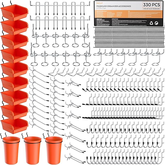INCLY 330PCS Upgraded Pegboard Accessories Organizer Kit, Peg Board Hooks Assortment with Bins & Cups for Organizing Tools, Fit 1/8 or 1/4 inch Pegboard for Garage Workshop Wall Hanging Tools