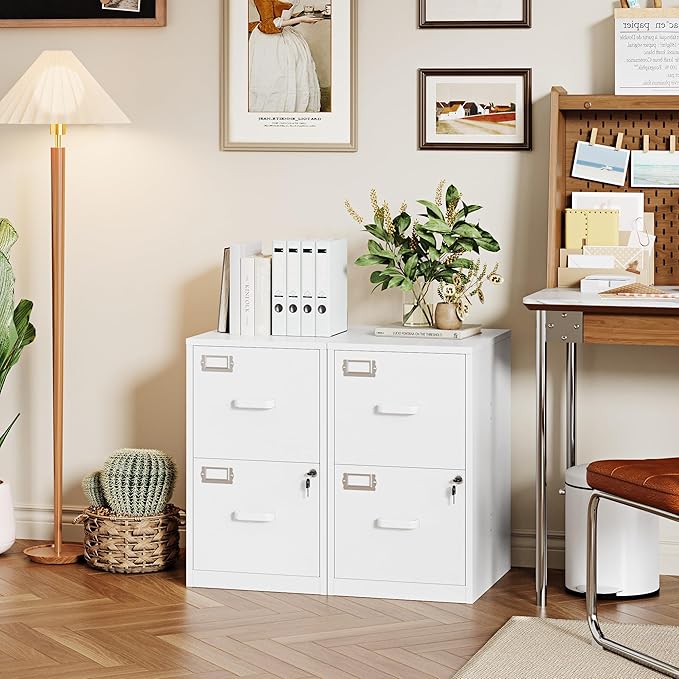 2 Drawer File Cabinet with Lock, 25.4" High Vertical Filing Cabinet, 17.7" Deep Metal Storage Cabinets for Home Office, Letter/Legal/A4/F4 Size, White(Assemble Required)