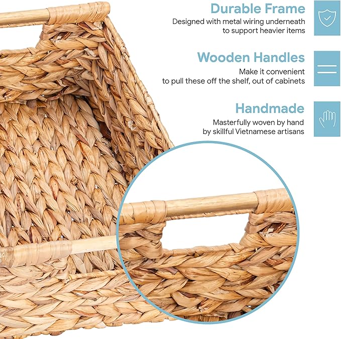 VATIMA Hyacinth Large Wicker Basket 15.5x10.8x6.2" - Rectangular, Wooden Handles, Shelf Organizer