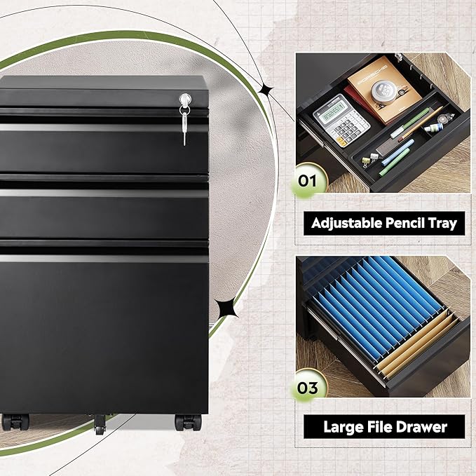 DEVAISE 3 Drawer Mobile File Cabinet Under Desk Office, Fully Assembled Except Casters, Letter/Legal Size, Black