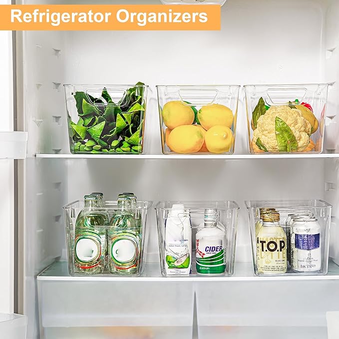 Attelite Clear Plastic Storage Bins,Large 6 Pack Pantry Organizer with Handle,BPA Free Plastic Storage Containers for Fridge,Closet,Bathroom,Under Sink and Kitchen Organization