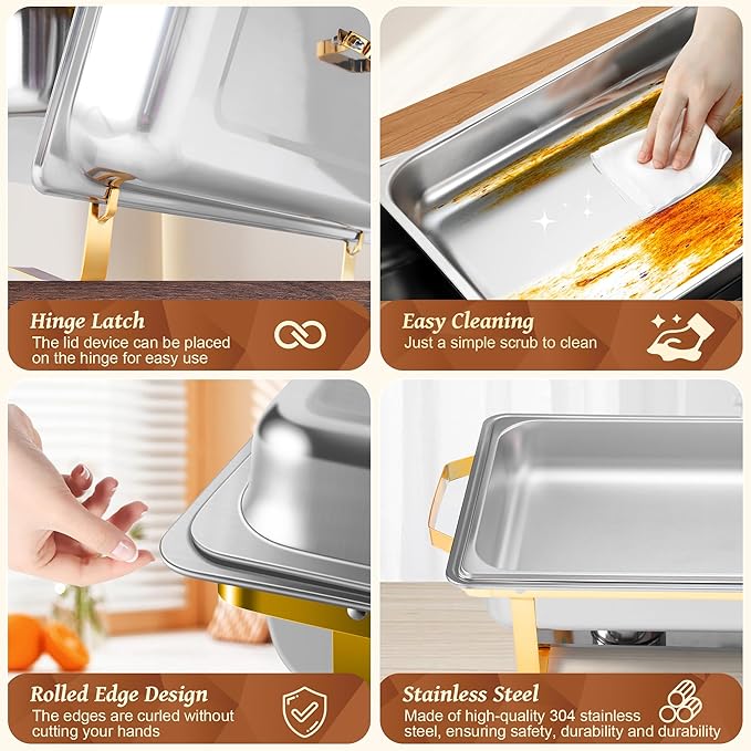 Rengue 9.5QT Chafing Dishes for Buffet, 4 PCS Golden Stainless Steel Chafing Dish Buffet Set, Buffet Servers and Warmers Heating & Cooling Food Warmers for Parties Buffet,Banquets,Weddings,Gatherings