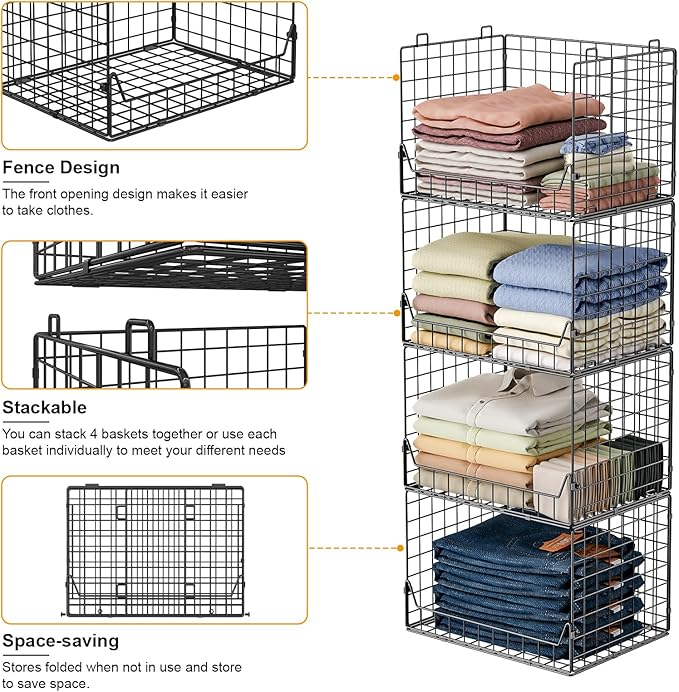 4-Tier Extra Height Stackable Closet Organizer – Foldable Storage Bins for Sweaters, Jeans, and Clothes – Sturdy Iron Mesh Shelves for Neat and Efficient Closet Storage – Black