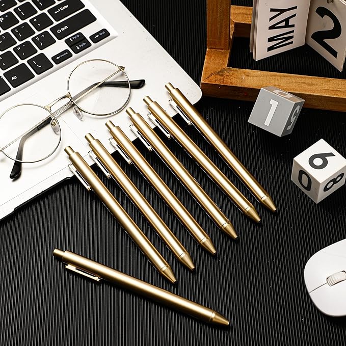 50 Pcs Gold Metallic Slim Ballpoint Pens Bulk Retractable Black Ink Medium Point (0.5mm) Smooth Writing Pens for Wedding Bridal Shower Business Office Students Teachers (Classic Style)