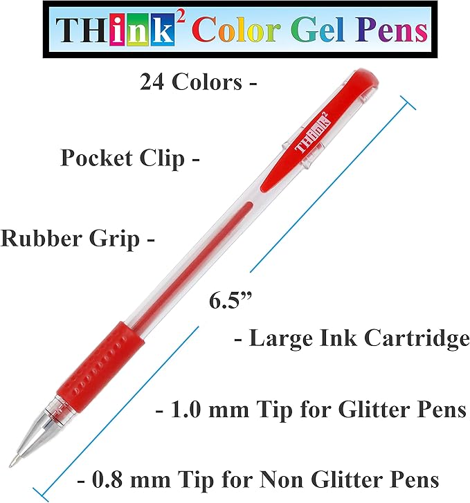 THINK2MASTER [24 Colors] Think2 Color Gel Pens Set for Kids and Adult. Perfect for Drawing, Journaling, Doodling, Scrapbooking