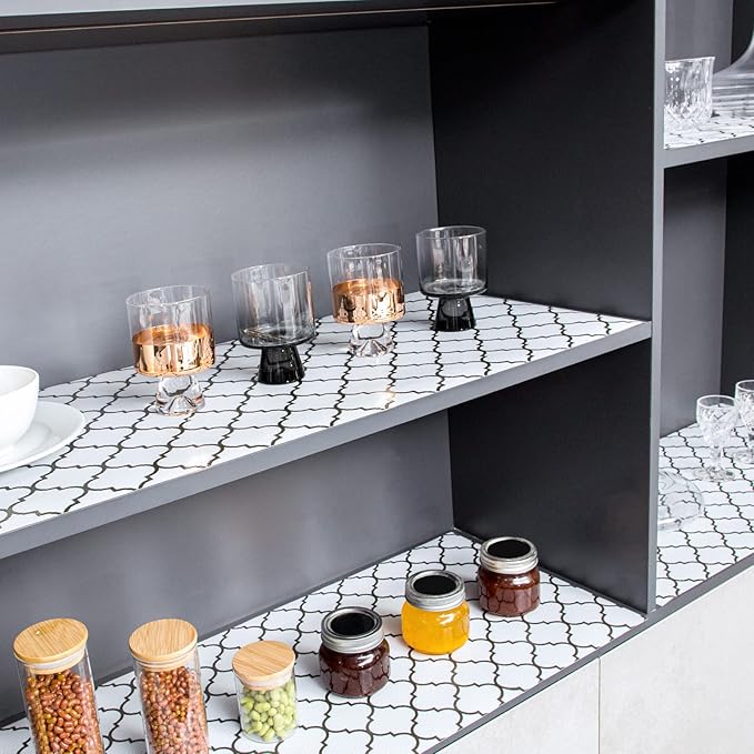 Glotoch 17.5"X 96" Shelf Liners for Kitchen Cabinets-Non Adhesive Cabinet Liners for Shelves, Waterproof Drawer Liner for Kitchen Fridge/Wire Shelf/Bathroom, Pantry, Durable, Non Slip, White And Balck