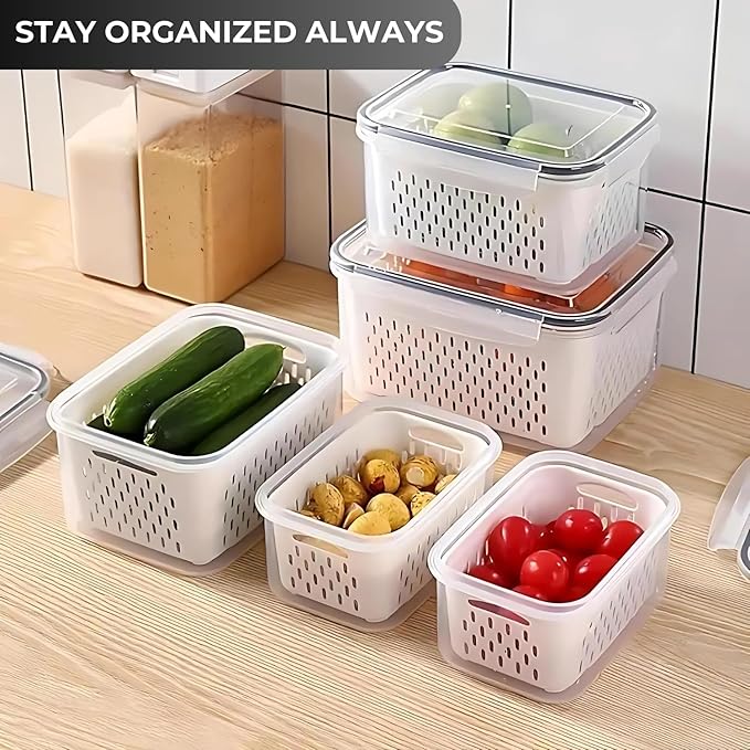 4 PCS Fruit Containers for Fridge, Leakproof fruit storage containers for fridge with Removable Colander