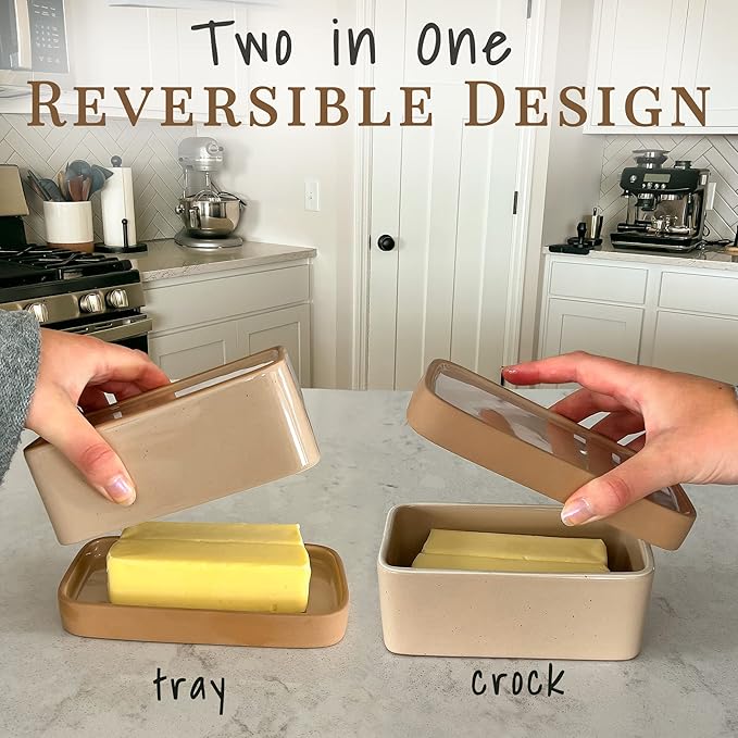 Mora Ceramic Two-in-One Butter Dish with Lid, Covered Butter Crock Container to Leave on Countertop - Large Storage Keeper/Holder for Kitchen, Gifts for Her, Butter Tray For Counter - Chai