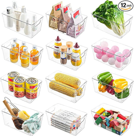 12 Pack Clear Plastic Storage Bins, Acrylic Pantry Organizer and Storage Bins, Fridge Organizer, Small Plastic Containers with Handles, CabinetOrganizer for Shelves,Snack,Refrigerator, Arts and Crafts