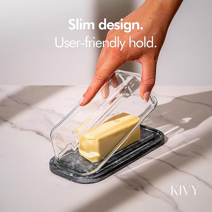 KIVY Butter Dish (Black Marble & Glass) - For countertop and refrigerator door shelf - Marble butter keeper - Stone butter dish - Glass butter dish with lid - Dishwasher Safe