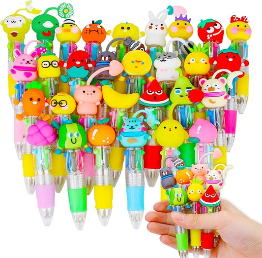 30Pcs Mini Multicolor Pens in One 4-in-1 Cute Pens Bulk for Kids, Ballpoint Pen for Birthdays and Children's Parties, Fun Gifts Assorted Ink Kawaii Pen(Fruits and Animals)