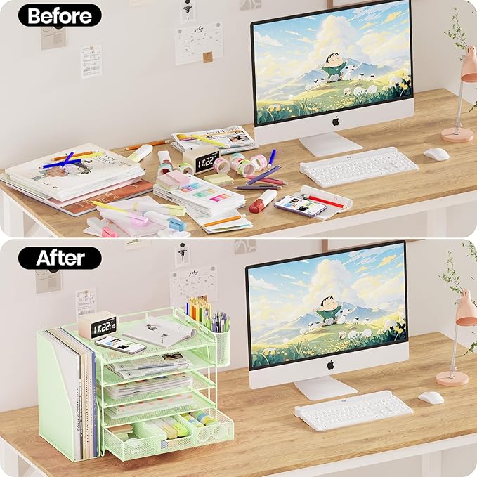 Desk Organizers and Accessories, 5-Tier Paper File Organizer with Drawer & Pen Holder, Office Desk Accessories Workspace Desktop Organizer for Office Supplies((Green)